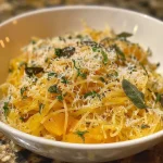 Close-up side view of a bowl of Spaghetti Kürbis with pumpkin and herbs.