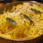 Close-up of cooked spaghetti squash topped with sage butter and grated Parmesan.