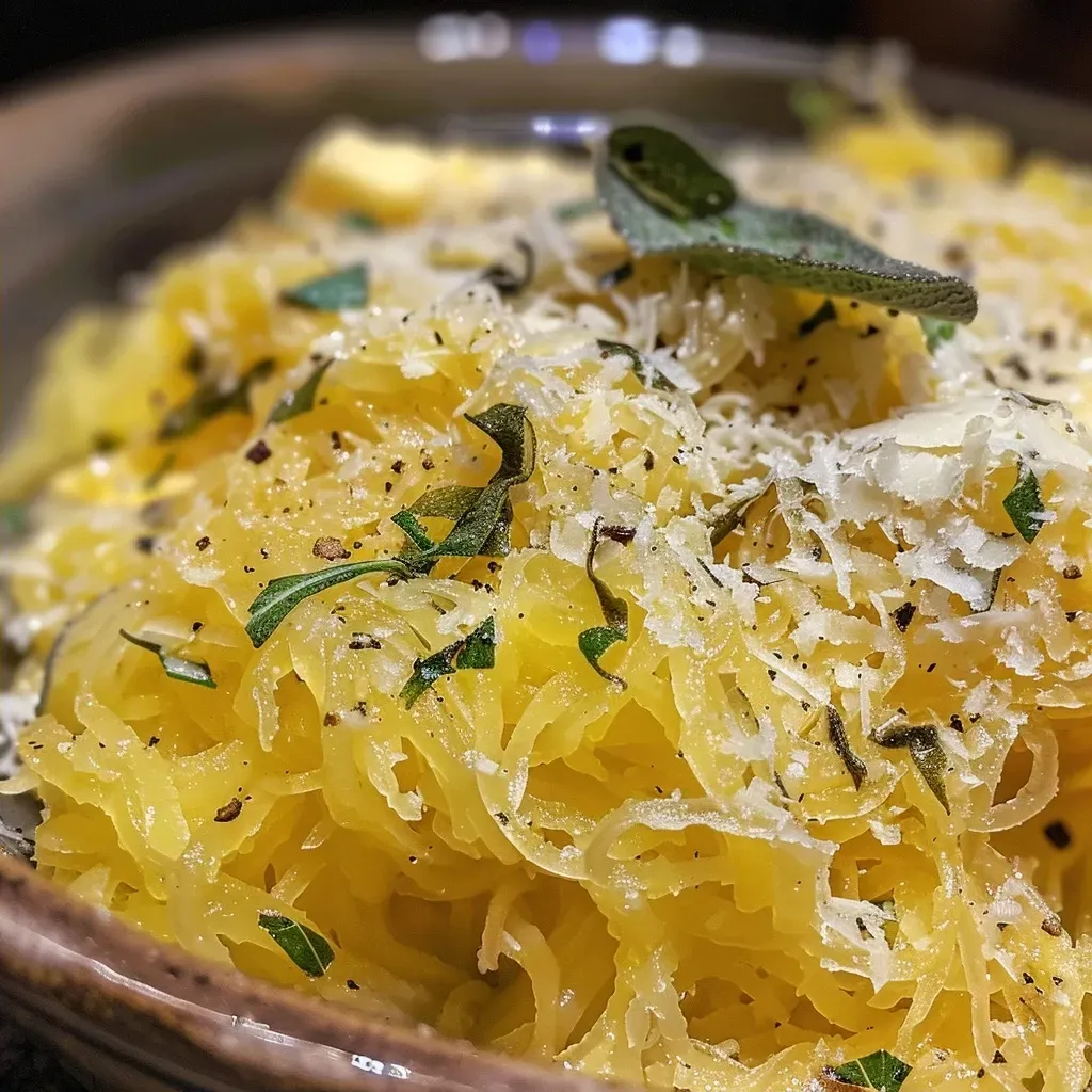 Juicy spaghetti squash served with melted butter and fresh sage leaves.