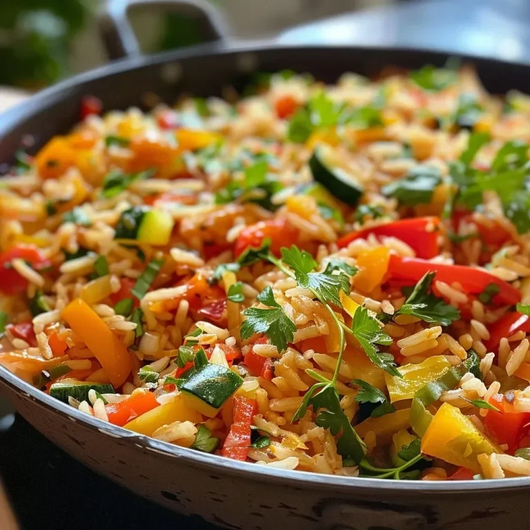 Farbenspiel auf dem Teller: Vegetarische Paprika Reis Pfanne mit Zucchini Kräutern Vegetarische Paprika Reis Pfanne mit Zucchini Kräutern
