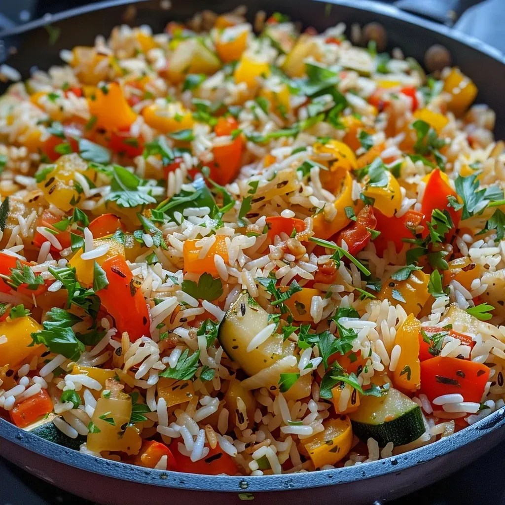 Vegetarische Paprika Reis Pfanne mit Zucchini Kräutern